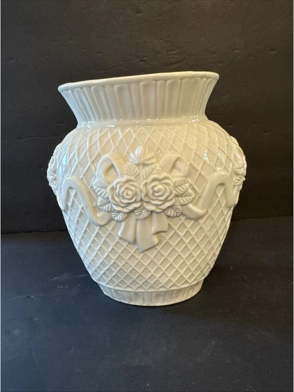 Vintage Porcelain Ivory Floral Vase Diamond Pattern Basket Weave  7” W X 7.5” H